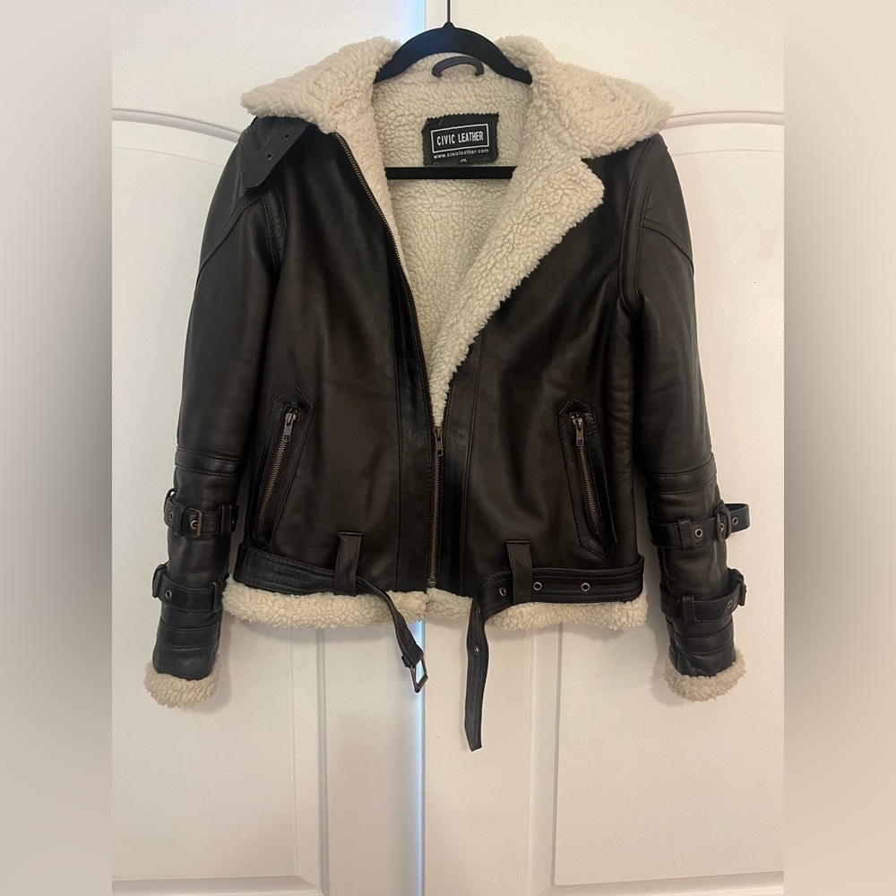 Leather Shearling Biker Jacket - image 8